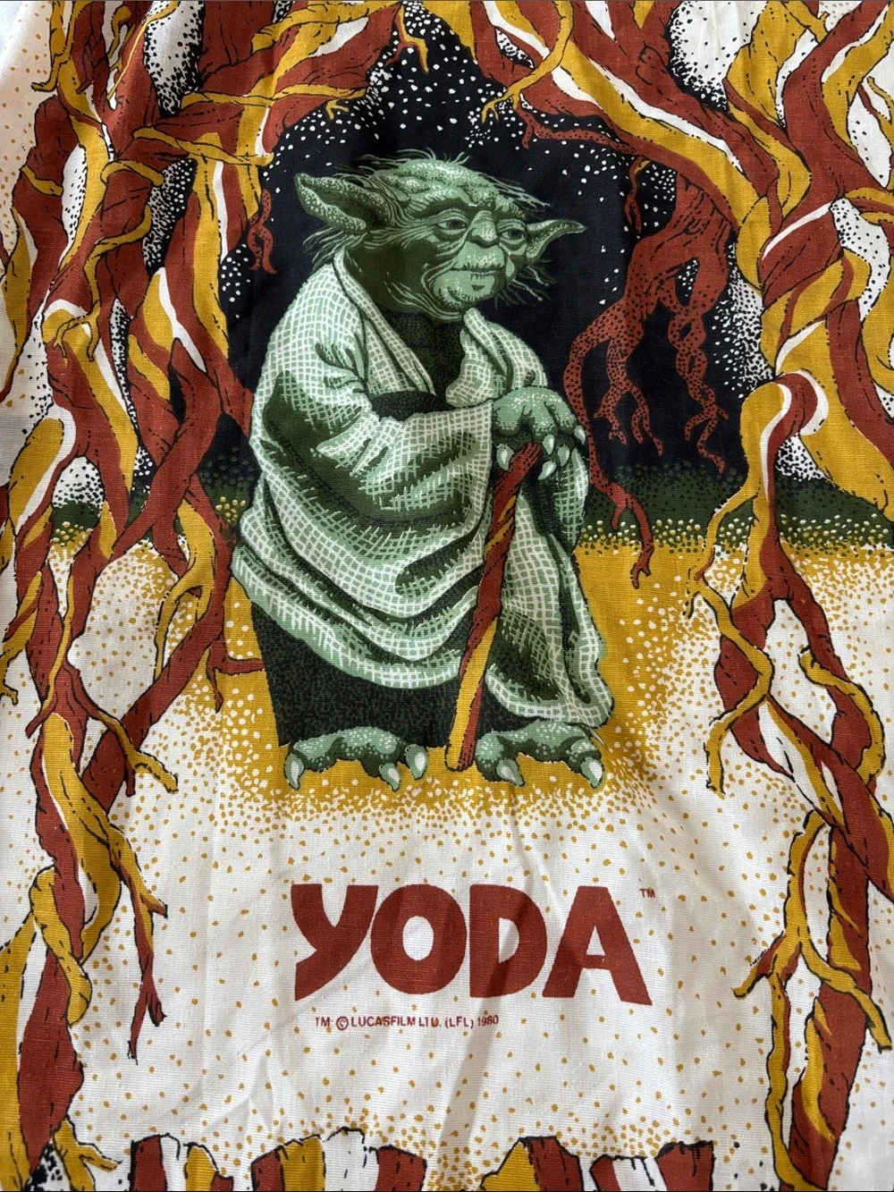 Vintage 1980 Yoda Star Wars curtain panel, cotton blend, brown/tan/green, 28x62”